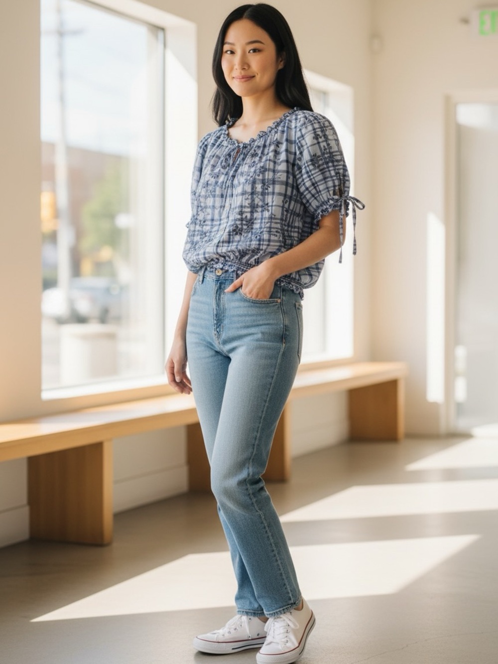 Plaid Puff-Sleeve Smocked Crop Top in Light Blue